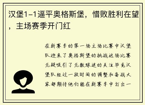 汉堡1-1逼平奥格斯堡，惜败胜利在望，主场赛季开门红